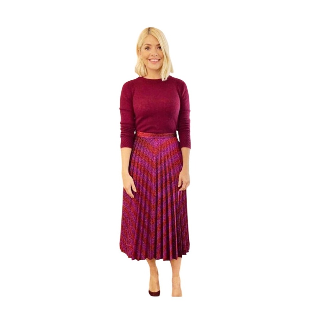 Zara Metallic Pleated Chevron Midi Skirt Magenta Purple Red‎ Shimmer Accordion